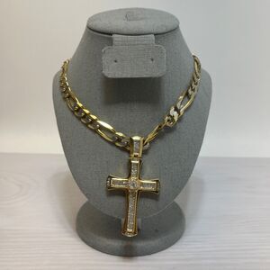 CRG Solid 14K Yellow/White Gold Diamond-cut Figaro Chain Necklace & Cross